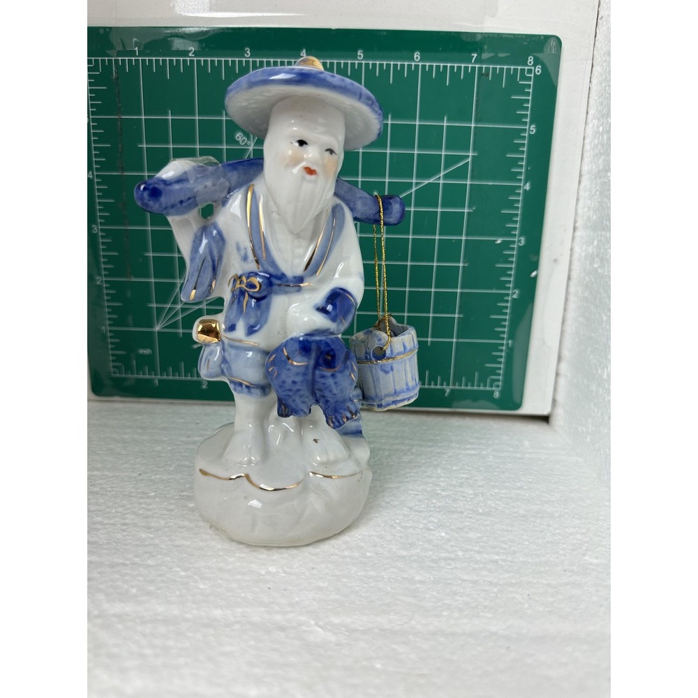 Vintage Porcelain Wise Man Fisherman Figurine Asian Decor Gold Trim 7 Inch